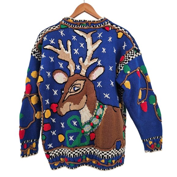 Lisa Coufal Just Better Sweaters Sz 1/M Rudolph Christmas Cardigan Hand Knit VTG - Picture 1 of 8